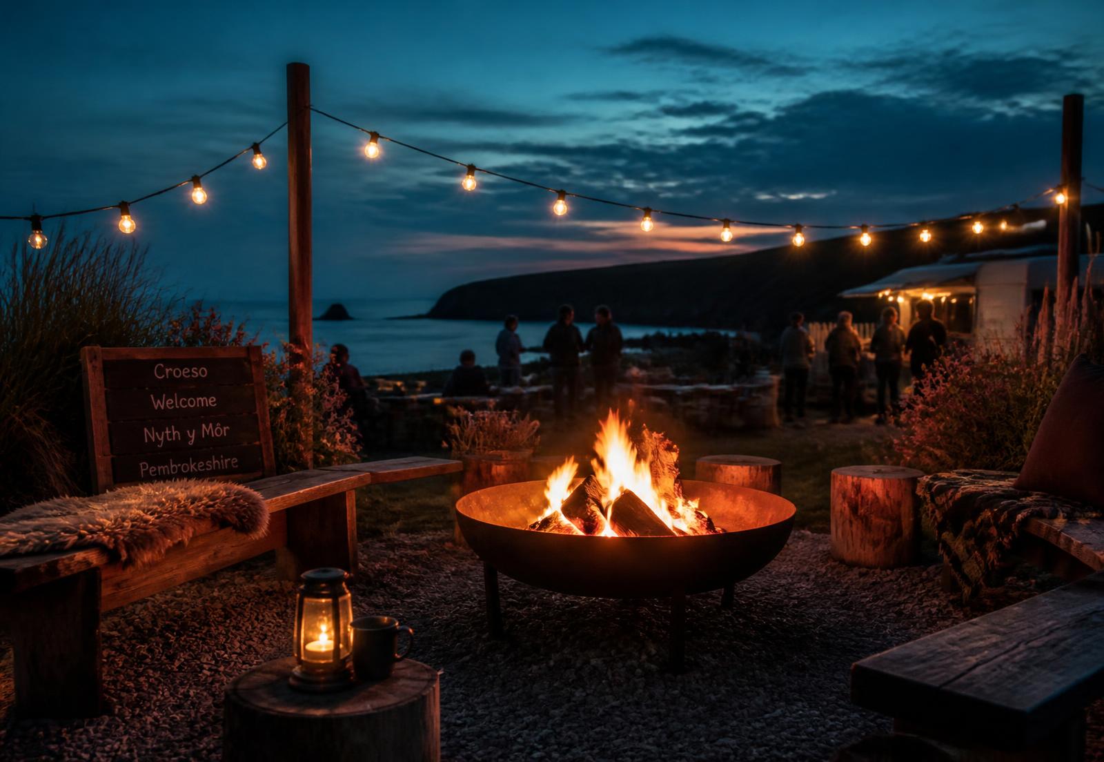 Communal fire bowl at Aelwyd Bay at dusk with string lights and guests gathered